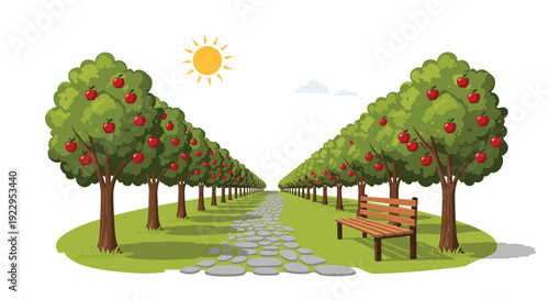 A long stone path leading through a symmetric apple orchard with red fruit under a bright sun and a wooden bench on the grass.