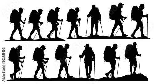 Silhouettes of hikers with backpacks and trekking poles walking.