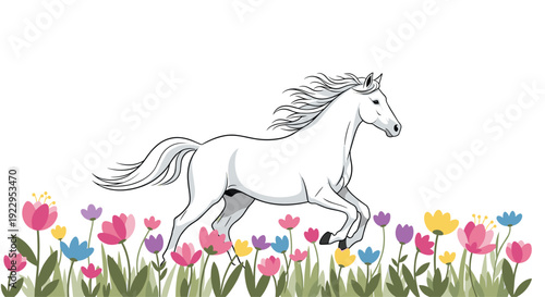 A white horse with a flowing mane and tail gallops through a vibrant field of colorful spring flowers.