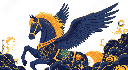 A black Pegasus with golden mane and tail and large wings gallops above dark clouds with ornate patterns.
