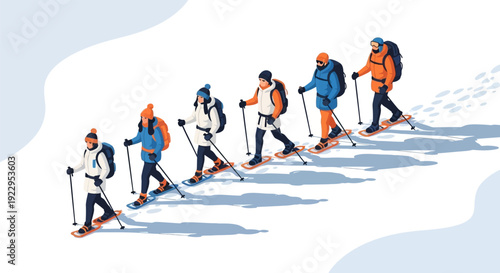 Group of Skiers Trekking Up a Snowy Mountain Slope.