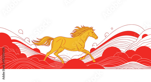 Golden horse runs gracefully over abstract red and white flowing lines and wavy cloud formations against a clean white background.
