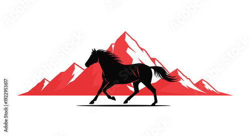 Silhouette of a powerful black horse gallops across a white expanse, with sharp, stylized red mountains rising dramatically in the background.