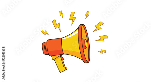 Vibrant cartoon yellow and orange megaphone with electric lightning bolts radiating around it, signifying an announcement.