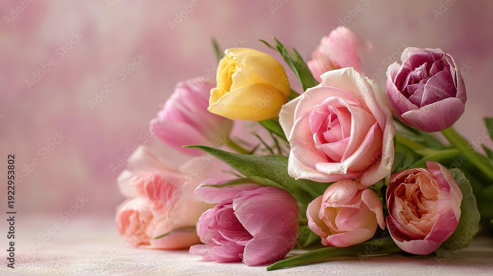 Fototapeta premium Bouquet of tulips and rose on a pink background