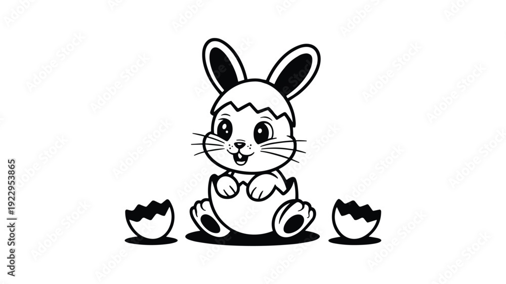 Obraz premium Linear art of small baby rabbit hatching from cracked easter egg shell in coloring style