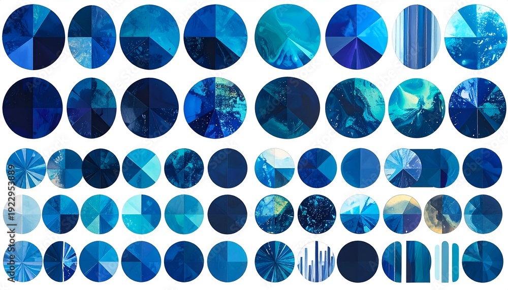 Fototapeta premium Collection of various circular elements, predominantly blue, displaying varied textures & patterns