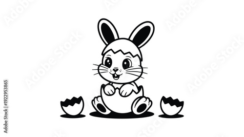 Linear art of small baby rabbit hatching from cracked easter egg shell in coloring style