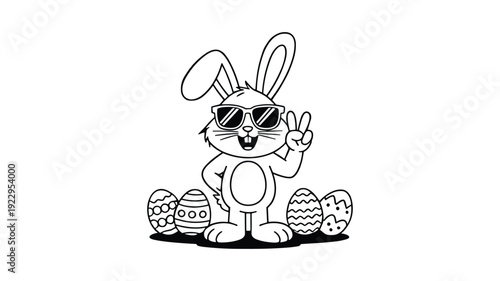 Cool easter bunny wearing sunglasses and making a peace sign surrounded by decorated eggs