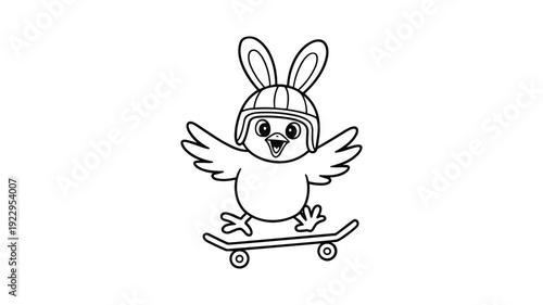 Little chick with bunny ears helmet on a skateboard ready for easter holiday celebration