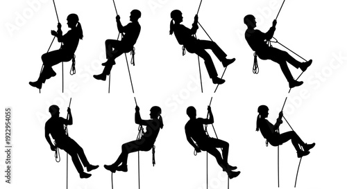 Silhouettes of people swinging on ropes in various positions.