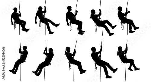 Man climbing rope ladder in multiple stages.