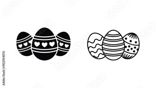Collection of easter eggs with various patterns solid fill and outline versions on white