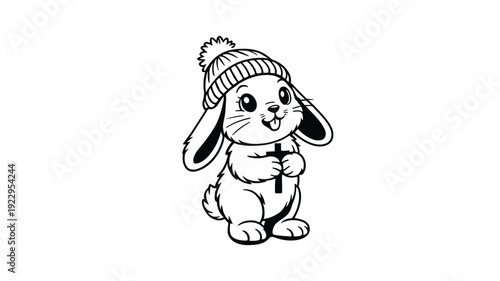 Cute bunny wearing winter hat holding cross, line art illustration
