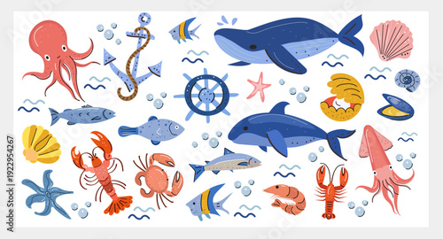 Cute ocean animals and nautical elements clipart set: whales, dolphin, octopus, squid, fish, crab, lobster, shrimp, shells, anchor, ship wheel, bubbles and waves. Flat vector illustration