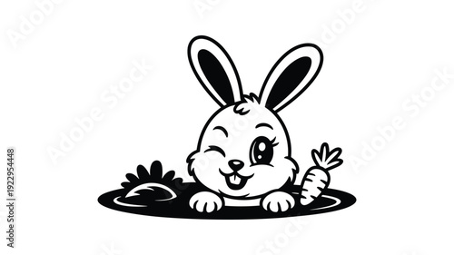 Winking bunny rabbit character peeking out of burrow hole with carrot vector illustration
