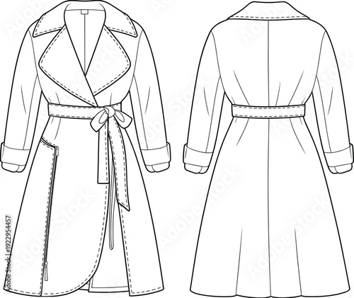 Fashion flat sketch women's belted trench coat with wide collar, long sleeves, zipper pocket detail, tie waist, stylish vector drawing.
