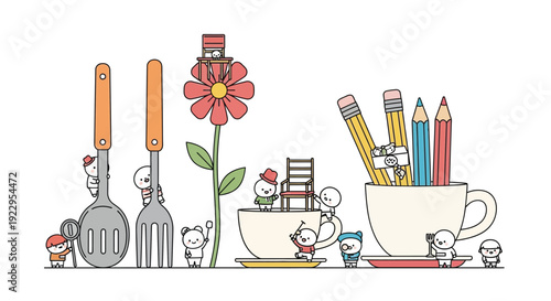 Whimsical illustration of tiny people interacting with everyday objects