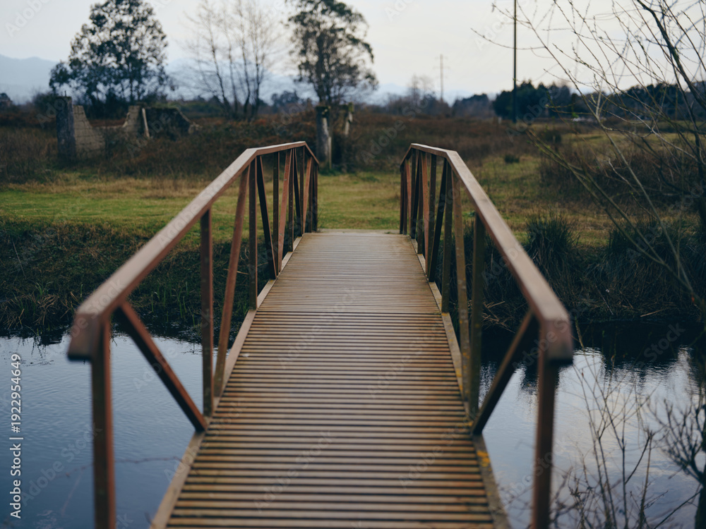Obraz premium Wooden bridge over calm water in natural landscape with autumn trees and grass under cloudy sky. Concept for nature, outdoors, and peaceful rural environment.
