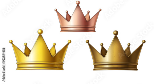 Three golden crowns with red jewels arranged in a row on a plain background isolated on transparent background