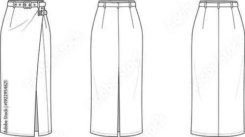 Fashion flat sketch, CAD pencil skirt, technical design vector, front and back view, digital illustration, women's wear template