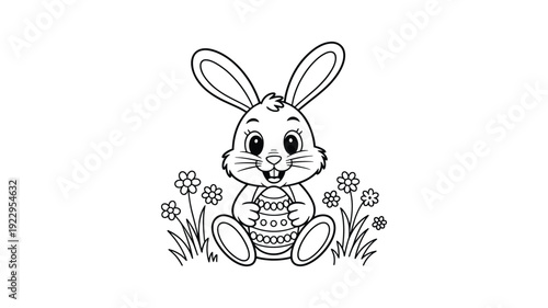 Cute bunny sitting in grass with decorated Easter egg