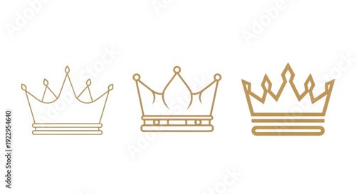 Three stylish gold crowns with intricate designs displayed side by side isolated on transparent background