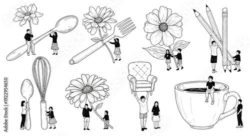 Tiny people interact with oversized kitchen utensils and floral elements