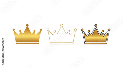 Vector Three stylish golden crowns with intricate designs and varying heights displayed side by side isolated on transparent background