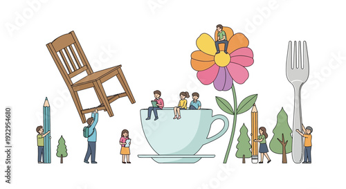 Tiny people interact with oversized everyday objects in a whimsical scene