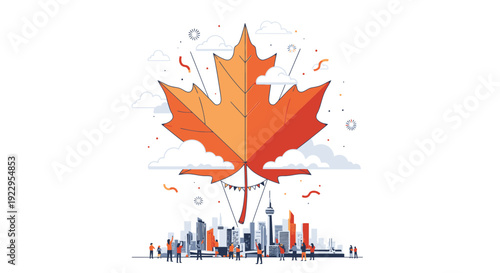 Canada Day Maple Leaf Balloon Over City Skyline