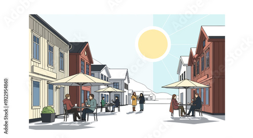 Sunny Town Square with People Enjoying Outdoor Cafes