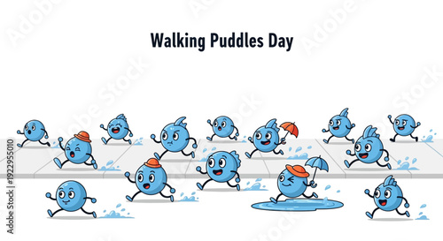 Cute Water Droplets Walking Puddles Day Cartoon