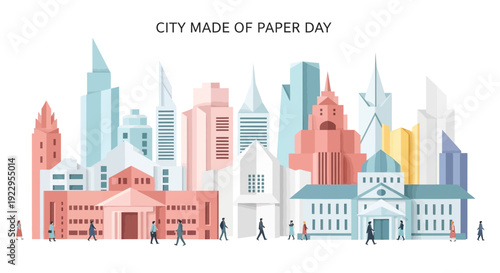 Paper City Skyline: Modern Buildings and Tiny People