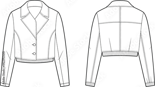 Fashion flat sketch, women cropped jacket, technical drawing, coat design template, front and back view, stylish outerwear garment illustration
