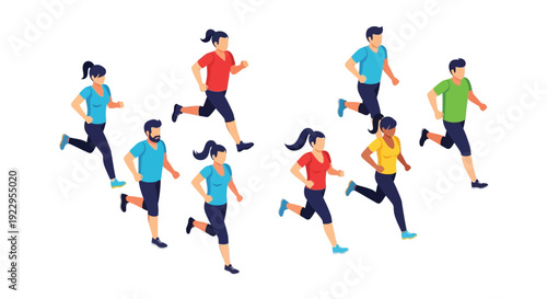 Isometric illustration depicting a diverse group of people actively running