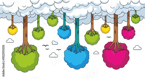 Surreal upside-down trees with colorful foliage hanging from clouds