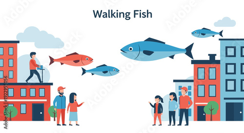 Walking Fish Above City Buildings, Surreal Concept