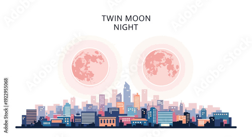 Twin Moon Night Sky Over City Skyline