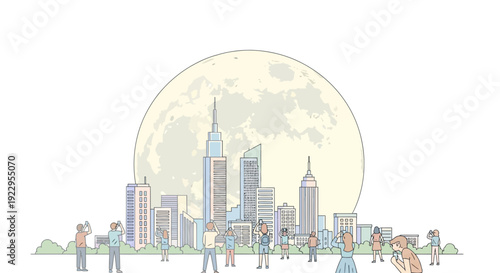 Cityscape with Full Moon and People Watching