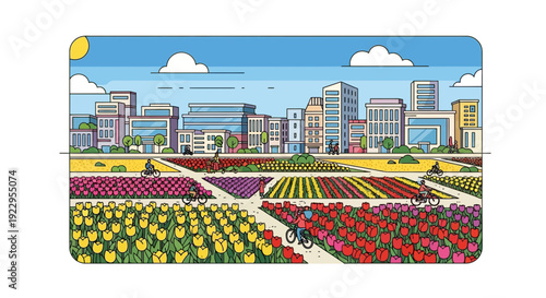 Cityscape with Tulip Fields and Cyclists