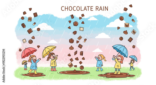 Children Enjoying Chocolate Rain Under Umbrellas