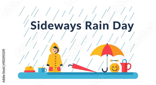 Sideways Rain Day Illustration with Umbrella and Cheerful Character