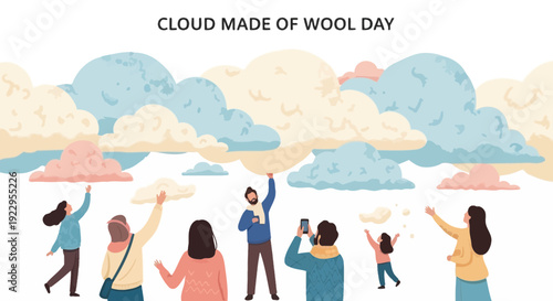 People reaching for soft wool clouds in a pastel sky