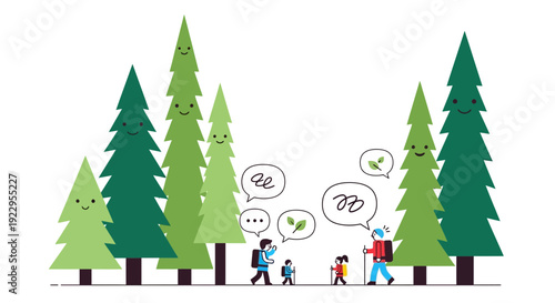 Family hiking, talking about nature and environment, surrounded by trees