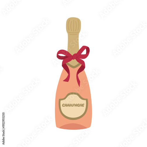 Bottle of champagne with red bow. Festive alcoholic drink. Hand drawn vector illustration isolated on white background, flat cartoon style.