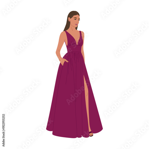 Young woman in burgundy evening dress. Cute girl in a formal stylish clothes for party or celebration. Hand drawn vector illustration isolated on white background, flat cartoon style.