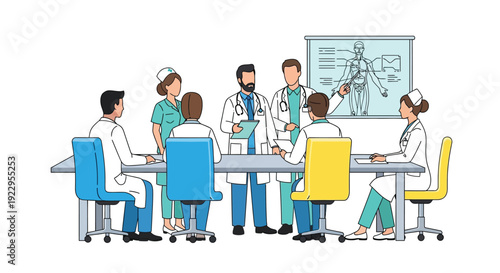 Medical team collaborating in a conference room discussing a skeletal diagram