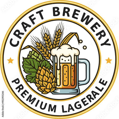 Craft Brewery Premium Lager Ale Vintage Circle Logo with Beer Mug and Hops Flat Graphic Illustration