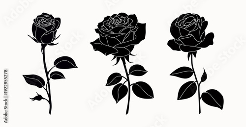 Set of black silhouettes of roses flowers with stem and leaves. Hand drawn vector illustration isolated on white background, flat cartoon style.